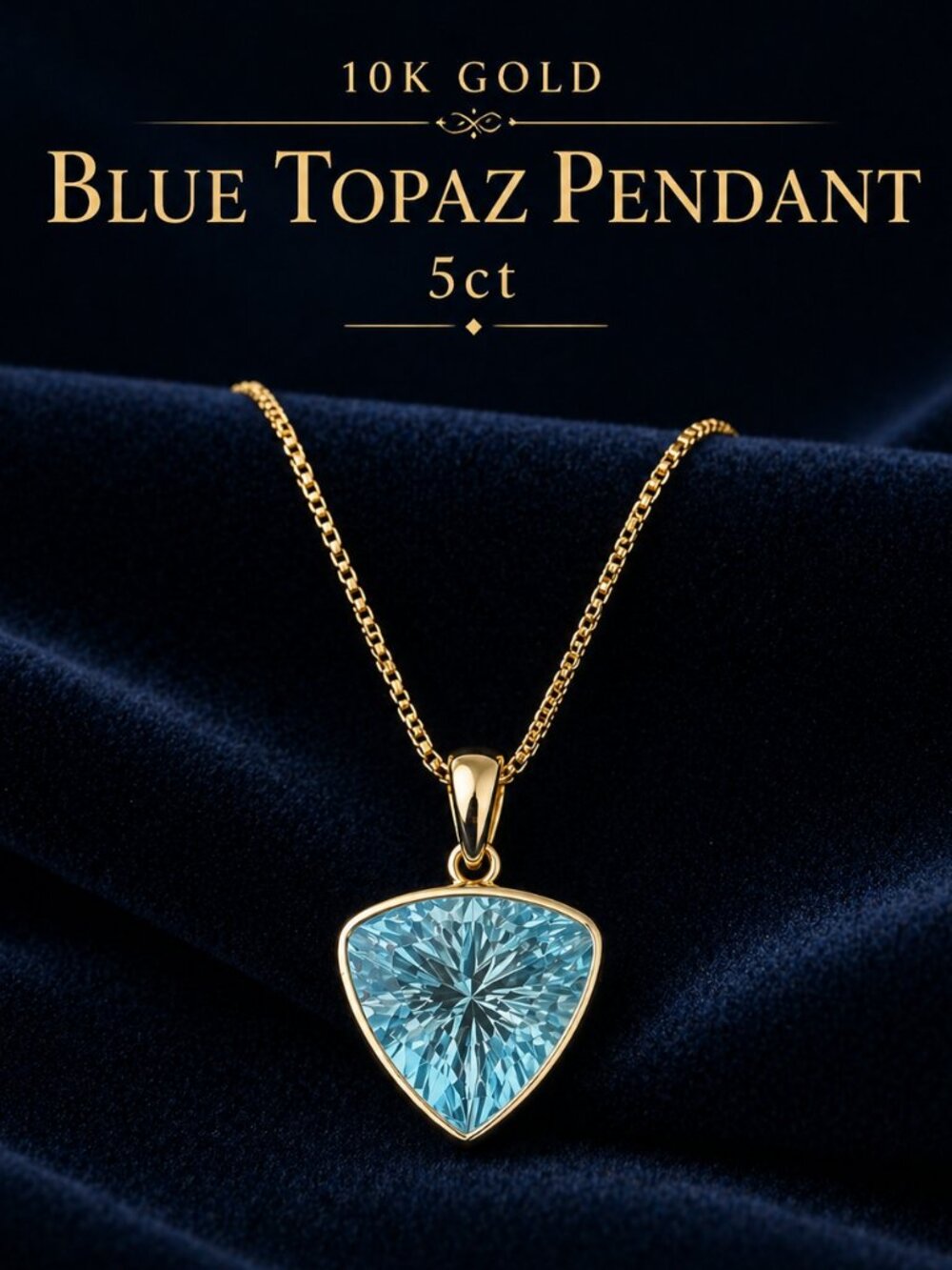 Blue Topaz Pendant 5ct, 10K Gold Topaz Necklace Pendant, Trillion Cut